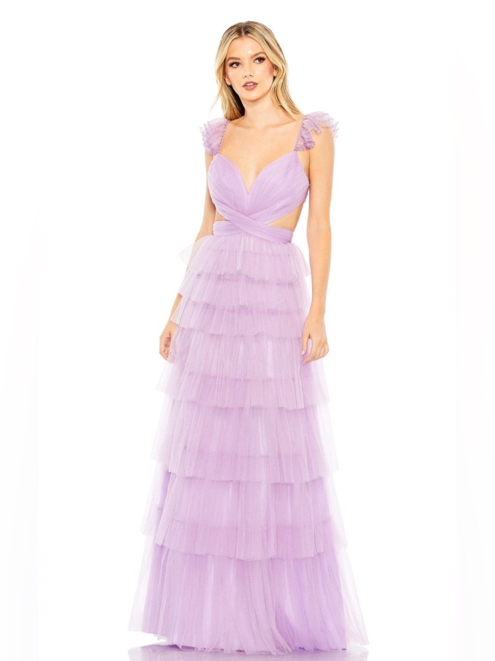MAC DUGGAL
Ruffle Tiered Tulle Cut Out Gown sz 6 50670 Purple maxi backless
